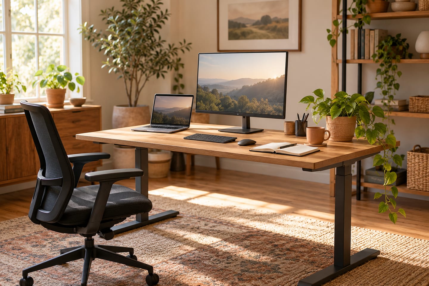 Heller Arbeitsplatz mit höhenverstellbarem Holzschreibtisch, Bürostuhl und Pflanzen